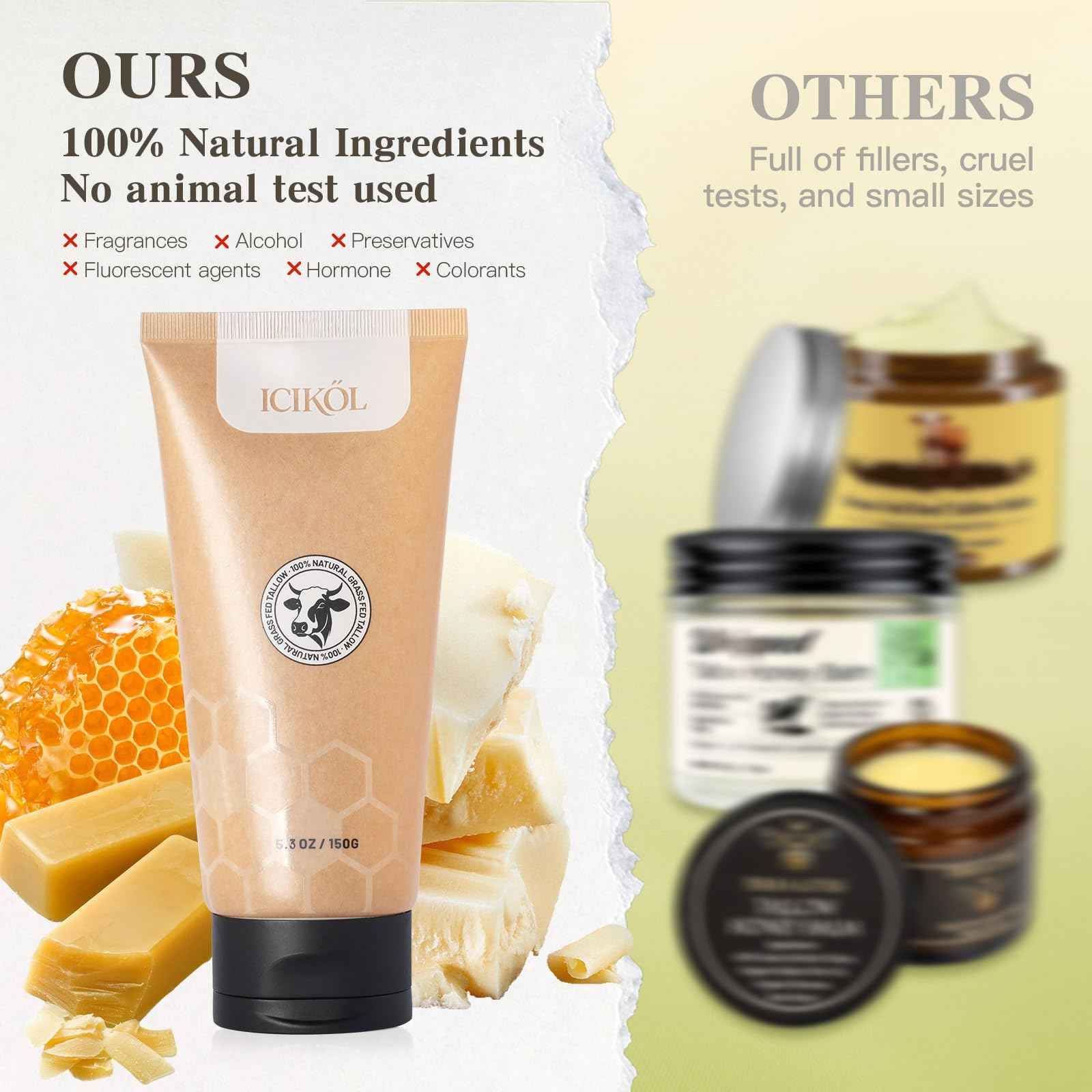 Organic Beef Tallow Honey Balm, Whipped Moisturizer for Face and Body, Grass Fed Beef Tallow for All Skin, Safe Natural Edible Grade Ingredients, Pure Unscented Cream, Day Night Skincare, 5.3 oz