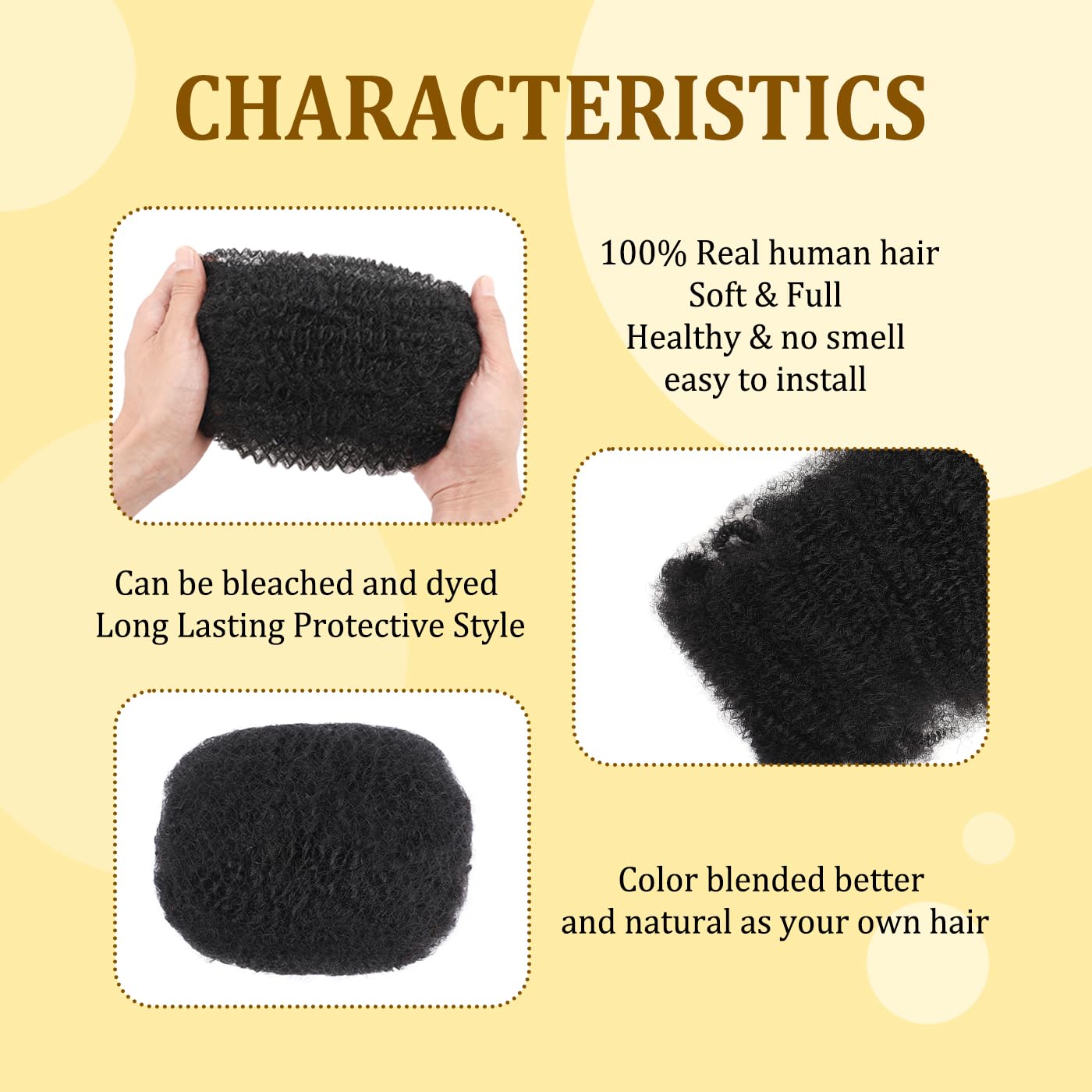 BangkeBeauty Afro Kinkys Bulk Human Hair 14 Inch Afro Kinkys Bulk 100% Human Hair for Dreadlock Extensions,Repair Locs,Braiding Twists,Afro Kinky Bulk Can be Dyed and Bleached(1B, 14inch)