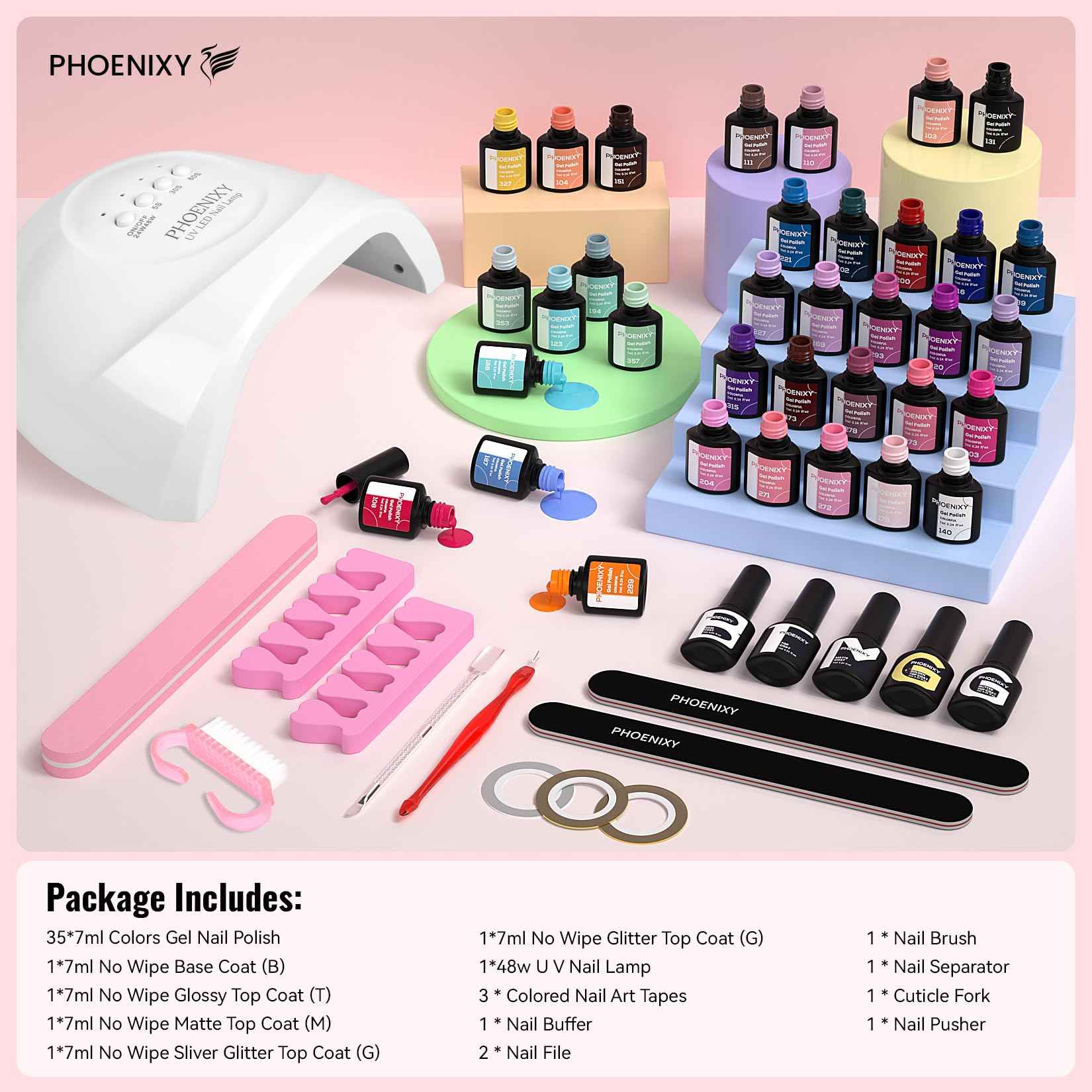 phoenixy 51 PCS Gel Nail Polish Kit with U V Light, 35 Colours Gel Polish with 5 Pcs Base Top Coat Manicure Starter Nail Polish Set Christmas Gifts for Women ST9012
