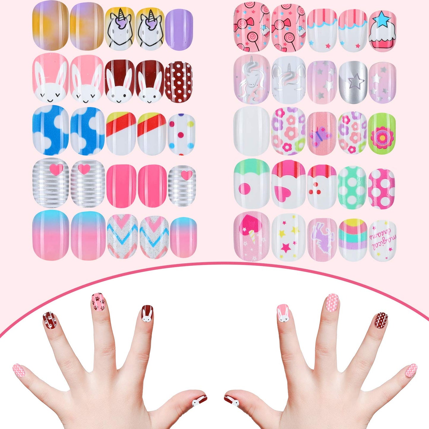 240 Pieces Children False Nails Kids Girls Press on Short Artificial Fake Nails Cute Pre Glue Full Cover Acrylic Nail Tip Kit for Children Little Girls Nail Decoration, 10 Boxes (Unicorn, Rabbit)