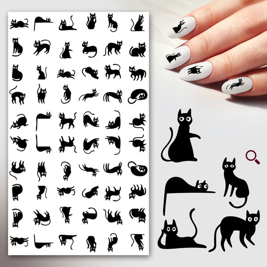 Nail Stickers Decals (5 Sheets) FLONZNAIL Cute Slinky Black Cats Nail Decor Transfer Vintage Styled Stickers