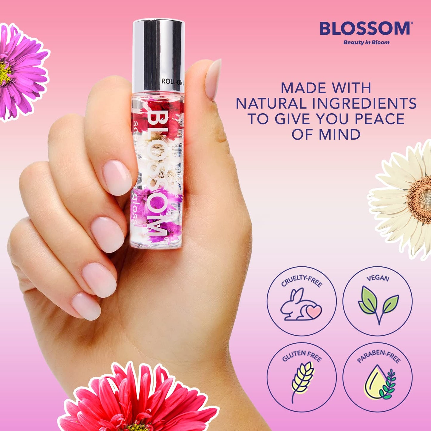 Blossom Scented Roll on Lip Gloss + Rollerball Perfume, Infused with Real Flowers, Made in USA, 0.4 fl. oz./11.8ml, 2 pack Gift Set, Let Love Shine, Strawberry/Rose