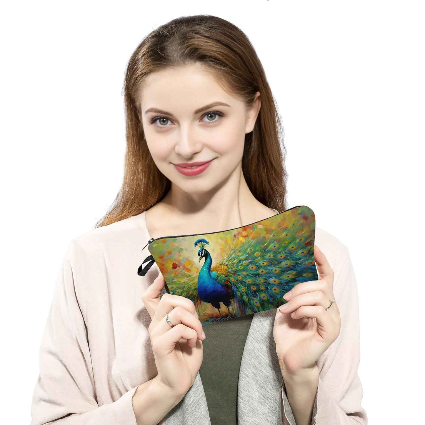 YULUENZE Peacock Pattern Makeup Bag - Cute Small Organizer With Zipper, Cosmetic Bag for Peacock Lovers - Birthday Gifts for Women, Sisters, Friends