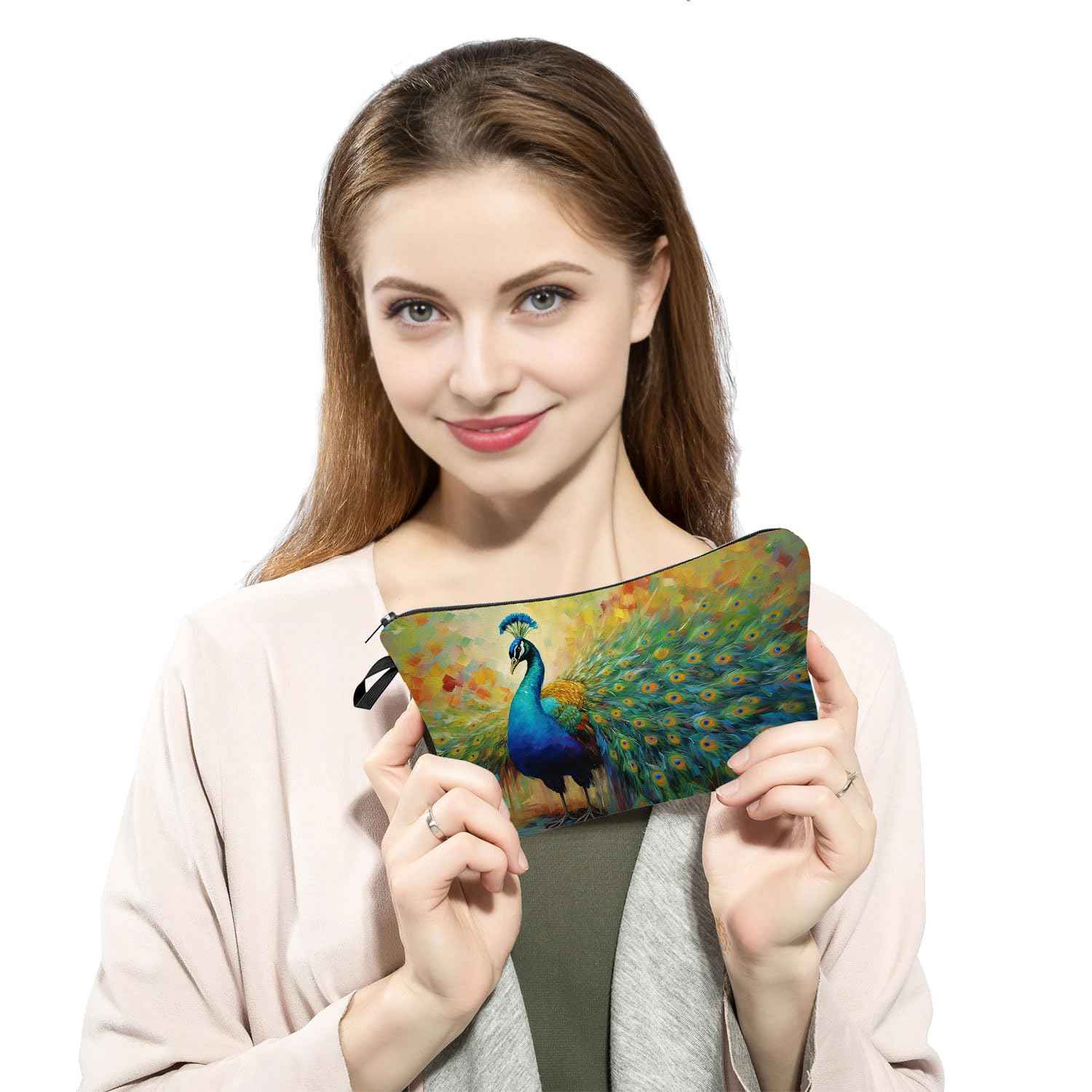 YULUENZE Peacock Pattern Makeup Bag - Cute Small Organizer With Zipper, Cosmetic Bag for Peacock Lovers - Birthday Gifts for Women, Sisters, Friends