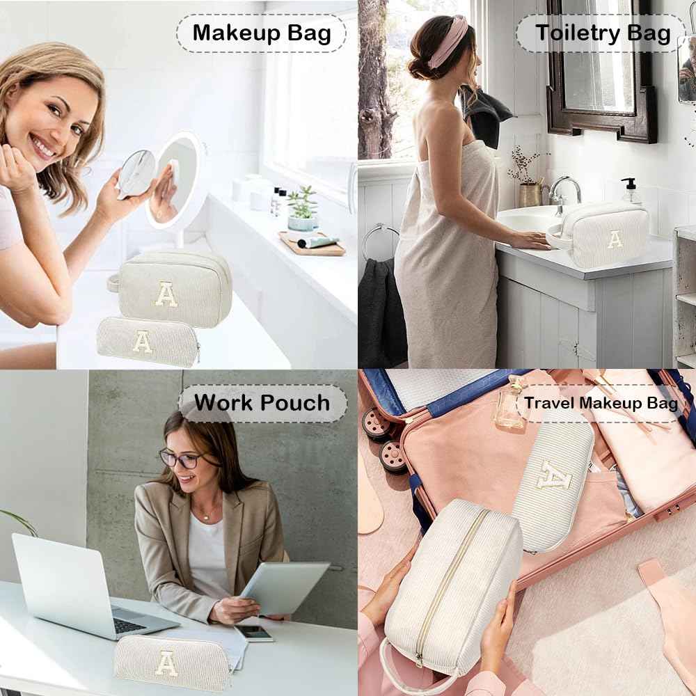 FFpaw 2PCS Initial Makeup Bag, Preppy Patch Cosmetic Bag for Purse Personalized Makeup Bag Organizer Travel Toiletry Bag Makeup Brushes Aesthetic Accessories Storage Bag for Women (White, D)