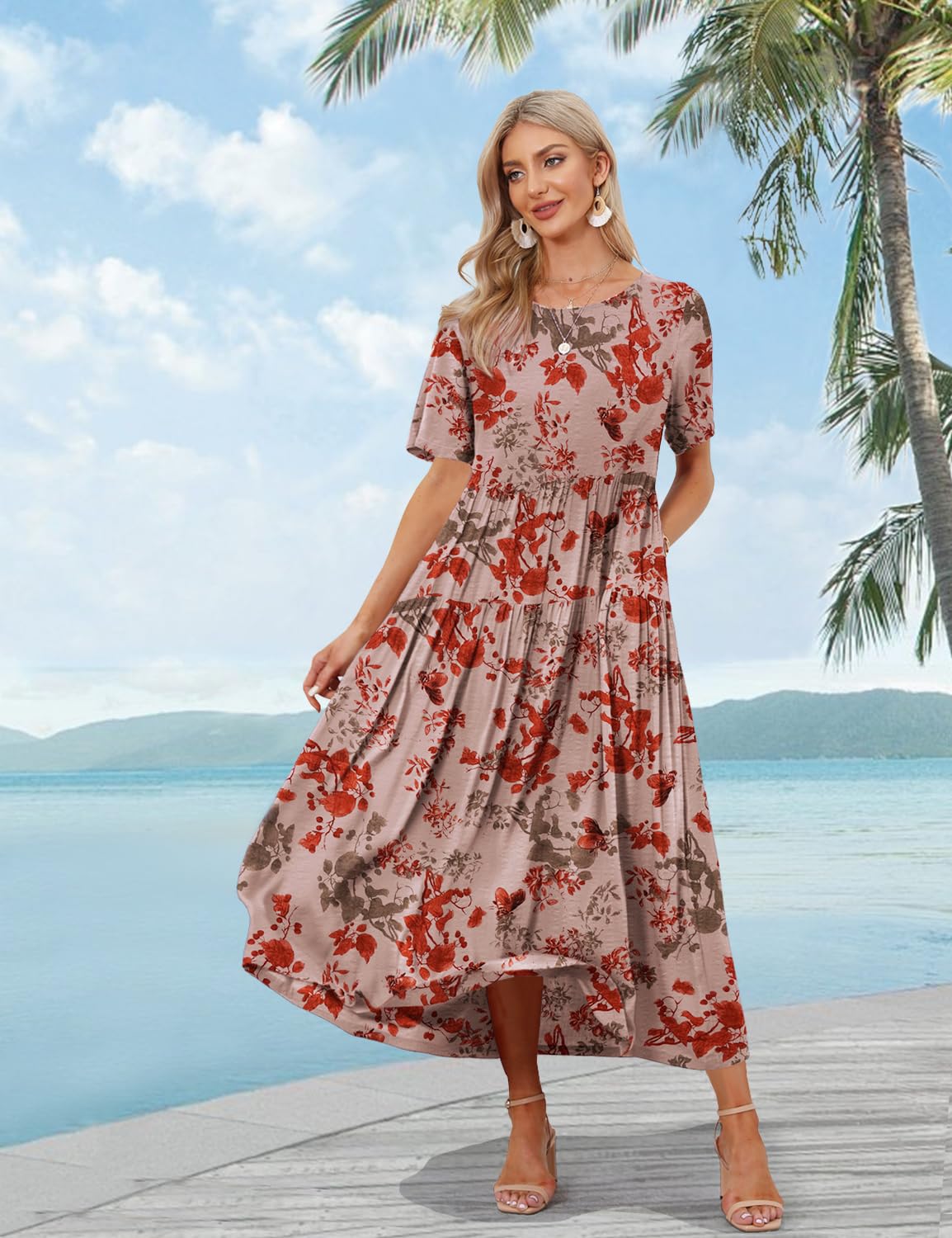 YESNO Women Casual Loose Bohemian Floral Dress with Pockets Short Sleeve Long Maxi Summer Beach Swing Dress M EJF CR421