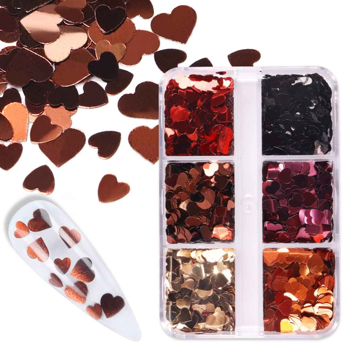 6 Grids 3D Heart Nail Glitter Sequins Valentine's Nail Art Stickers Love Nail Decals Holographic Laser Heart Nail Designs Red Black Rose Gold Heart Glitter for Acrylic Nails Decorations