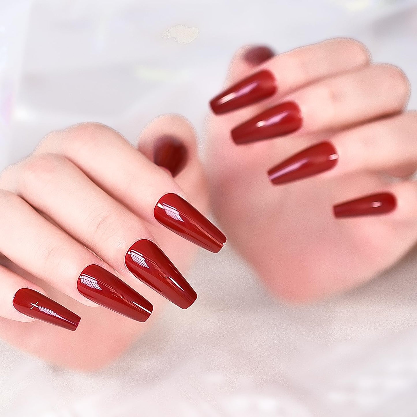 Elevenail Glossy Red Press on Nails Long Coffin False Nails Faux Ongles Reusable Solid Color Nail Art Tips Salon DIY Manicure Acrylic Fake Nails Gifts for Women Girls