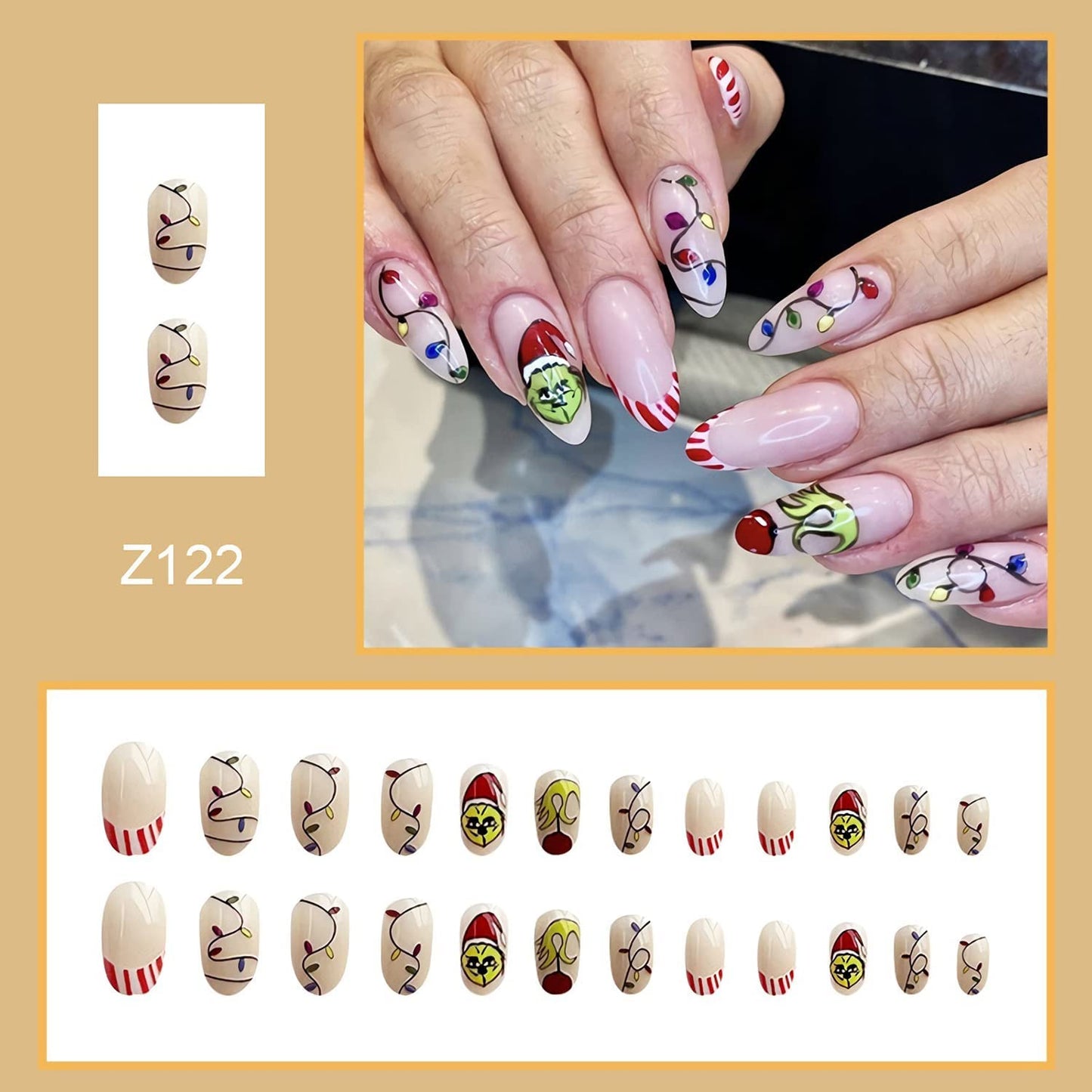 French Tip Press on Nails Christmas Fake Nails with Design Almond Shape False Nails Medium Length Stick on Nails Full Cover Glossy Artificial Nails Christmas Acrylic Nails for Women and Girls 24Pcs