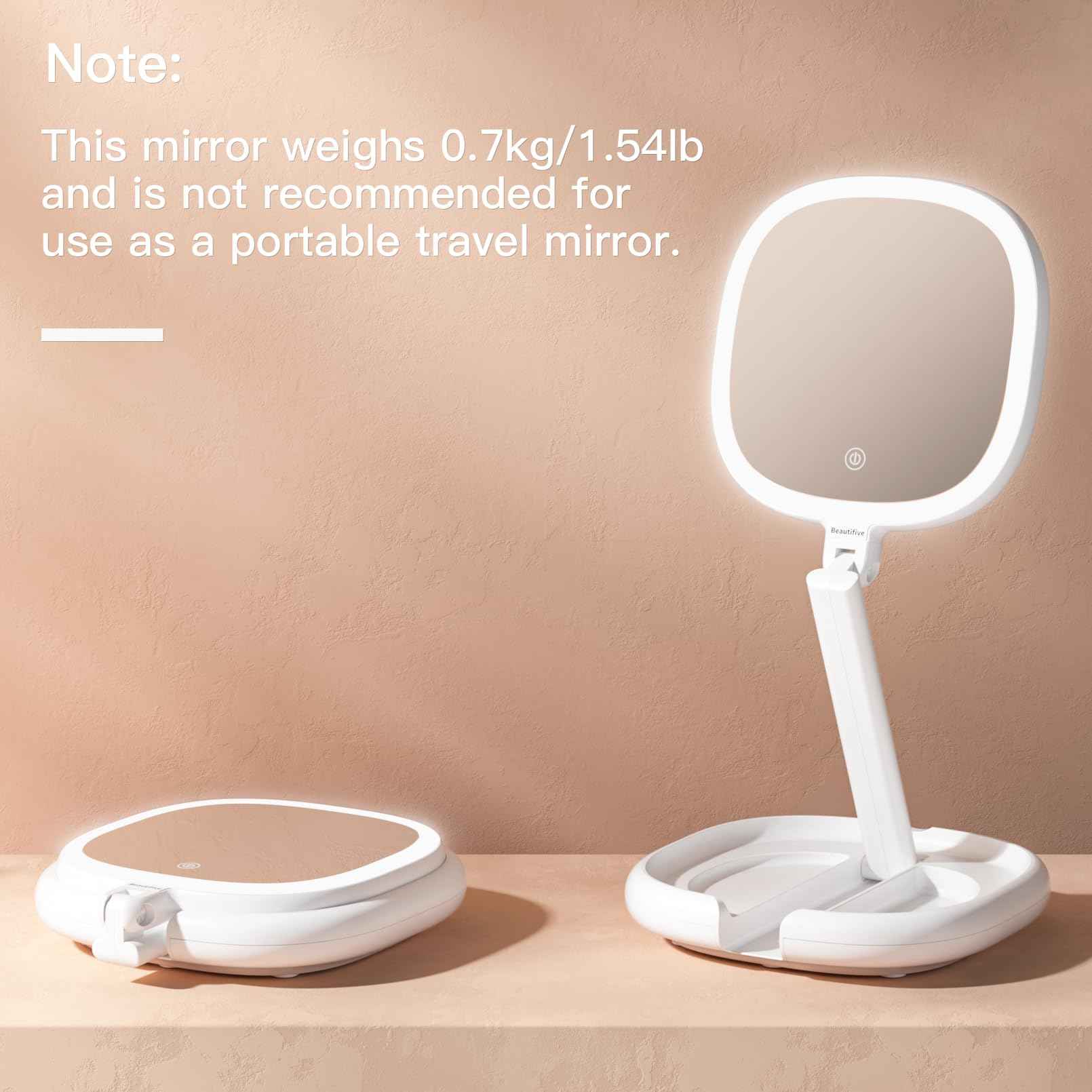 Beautifive 6.3'' Makeup Mirror with Magnification, 1X/8X Magnifying Vanity Mirror with 3 Light Modes, Rechargeable Double-Sided Lighted Desk Mirror, Adjustable Height with Stand Home Mirror for Women