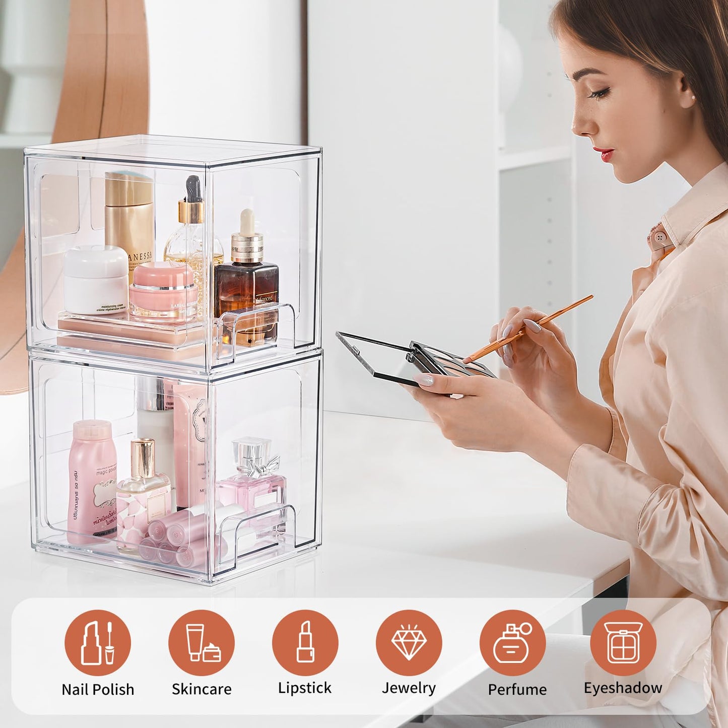 SMARTAKE 2 Pack Stackable Makeup Organizer Drawers, Acrylic Bathroom Organizers, 6.6'' Tall Clear Plastic Storage Drawers for Vanity, Undersink, Kitchen Cabinets, Skincare, Pantry Organization