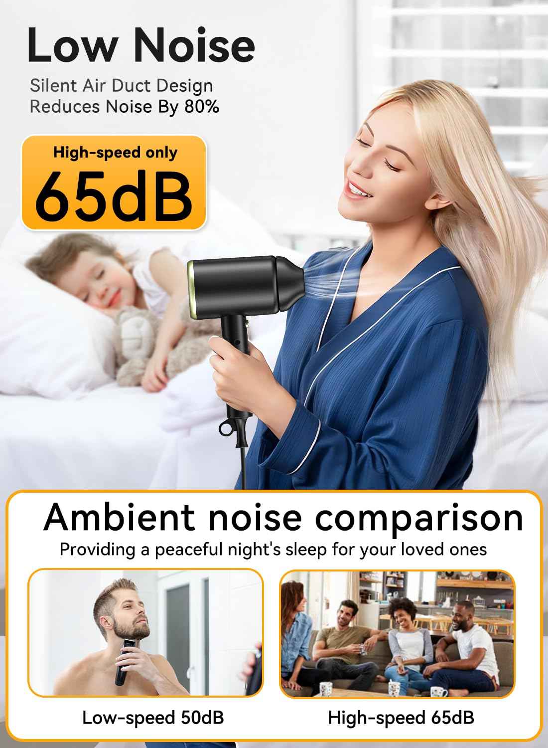 Hair Dryer, 150000RPM Ionic Blow Dryer - Fast Drying, Low Noise, Foldable Portable with Diffuser and Nozzle, Compact Mini for Women and Men, Home and Travel （Black）