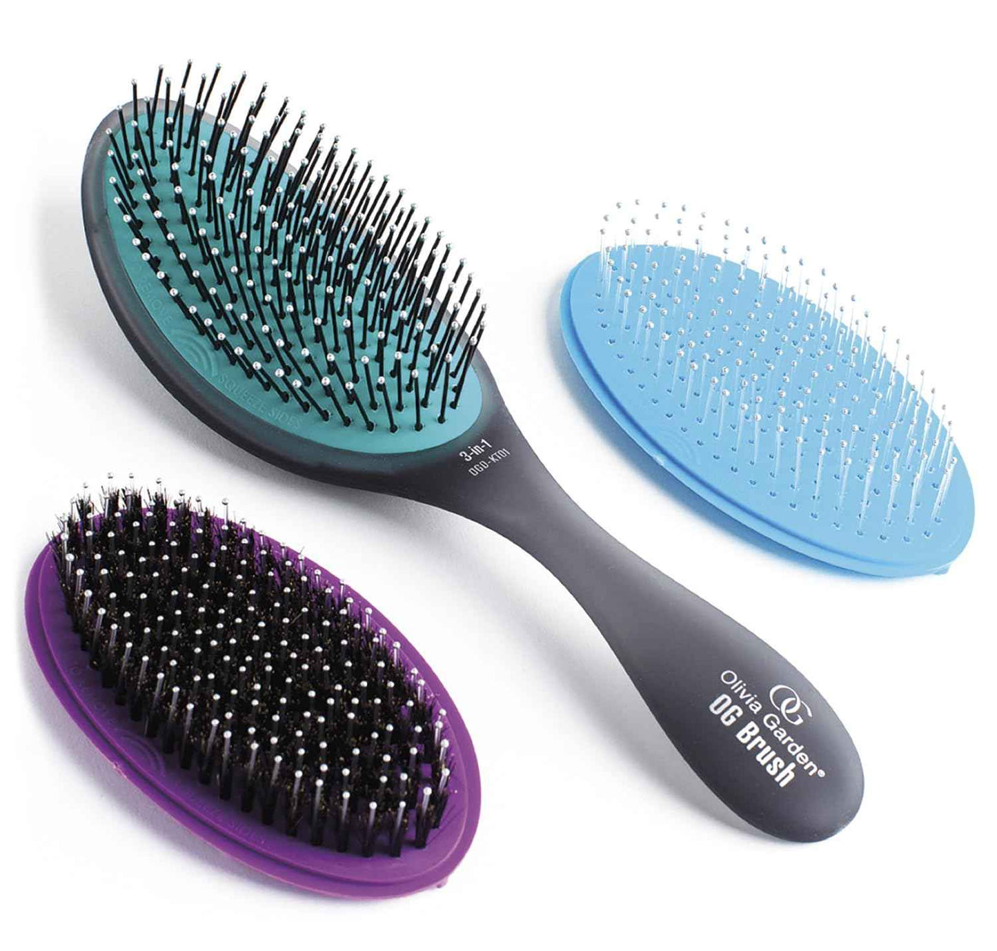 Olivia Garden Brush Collection, removable cushion, scalp hugging massages the scalp, 1 fine to medium, 1 medium to thick detangler, 1 smooth and shine styler, for wet or dry hair, 3-Piece Kit - Black