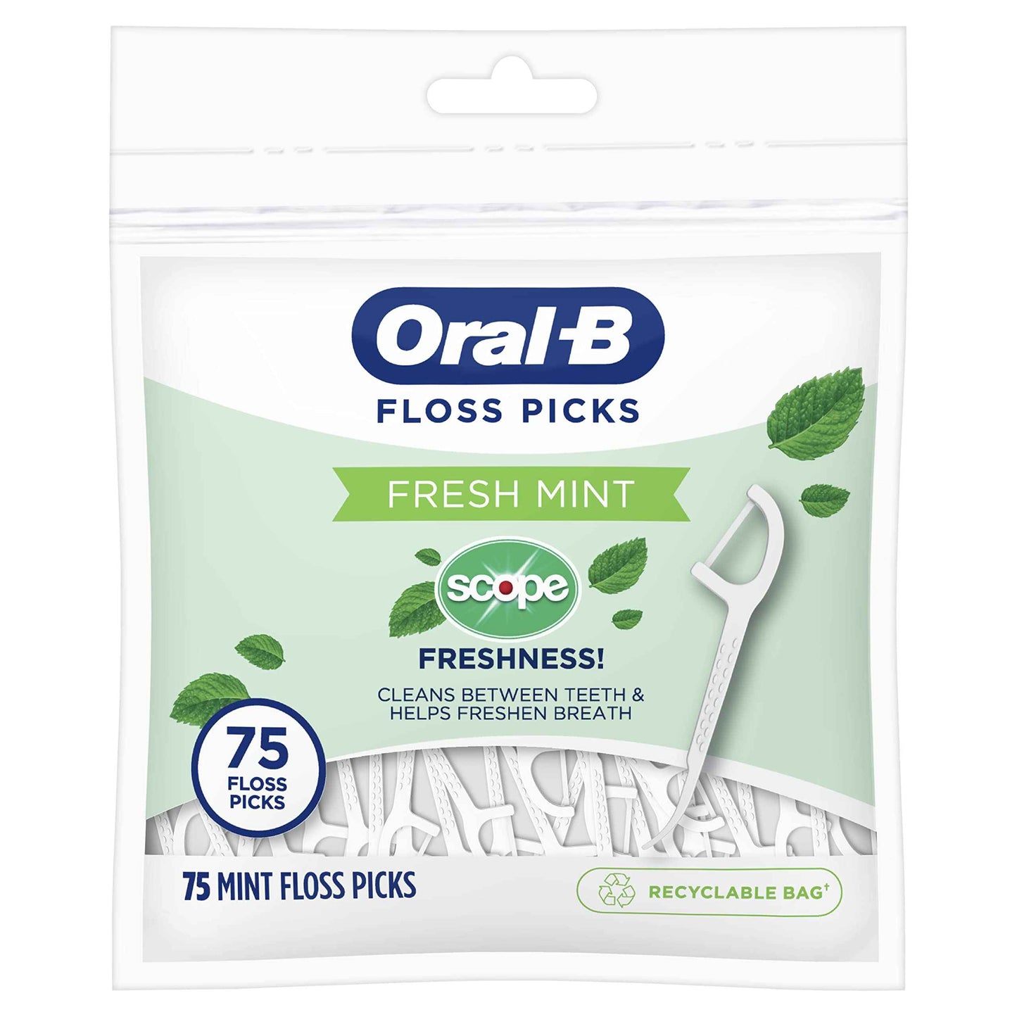 Oral-B Burst of Scope Dental Floss Picks, Fresh Mint, 75 Count Each, Pack of 6 (450 Count Total)