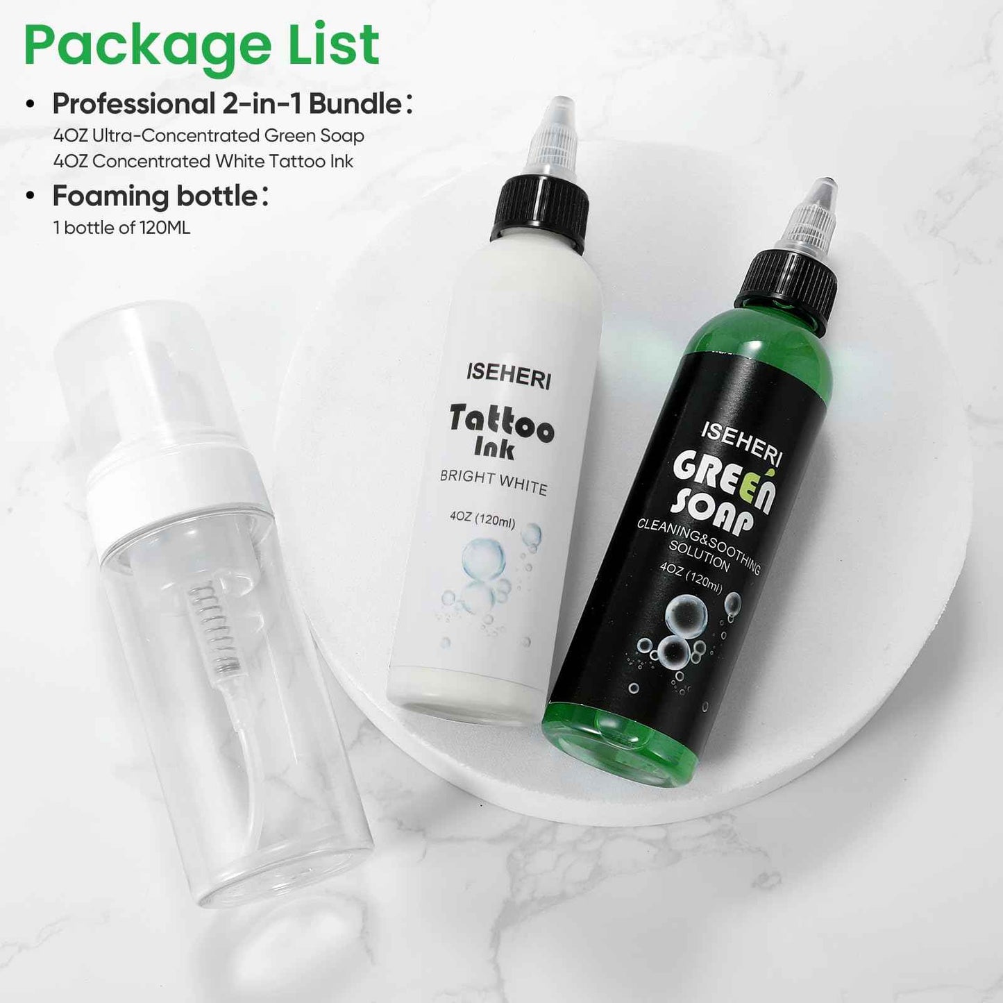 ISEHERI - Professional White Tattoo Ink & Ultra Concentrated Green Soap Tattoo, 4 oz with Foaming Bottle - Premium Quality Kit for Tattoo Artists