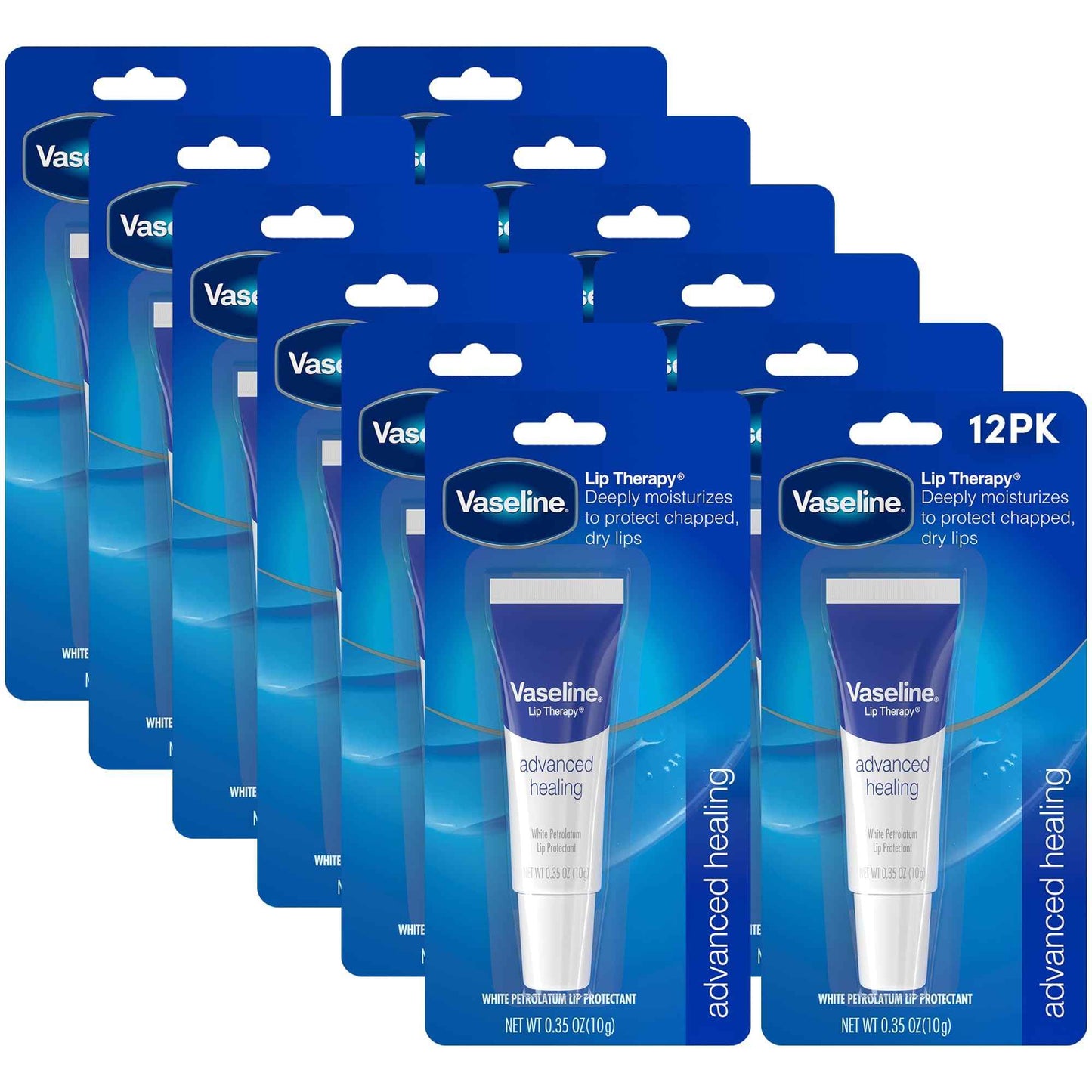 Vaseline Lip Therapy Advanced Healing 12-Pack – White Petroleum Moisturizing Lip Balm for Extremely Dry Lips, 0.35 Oz Ea