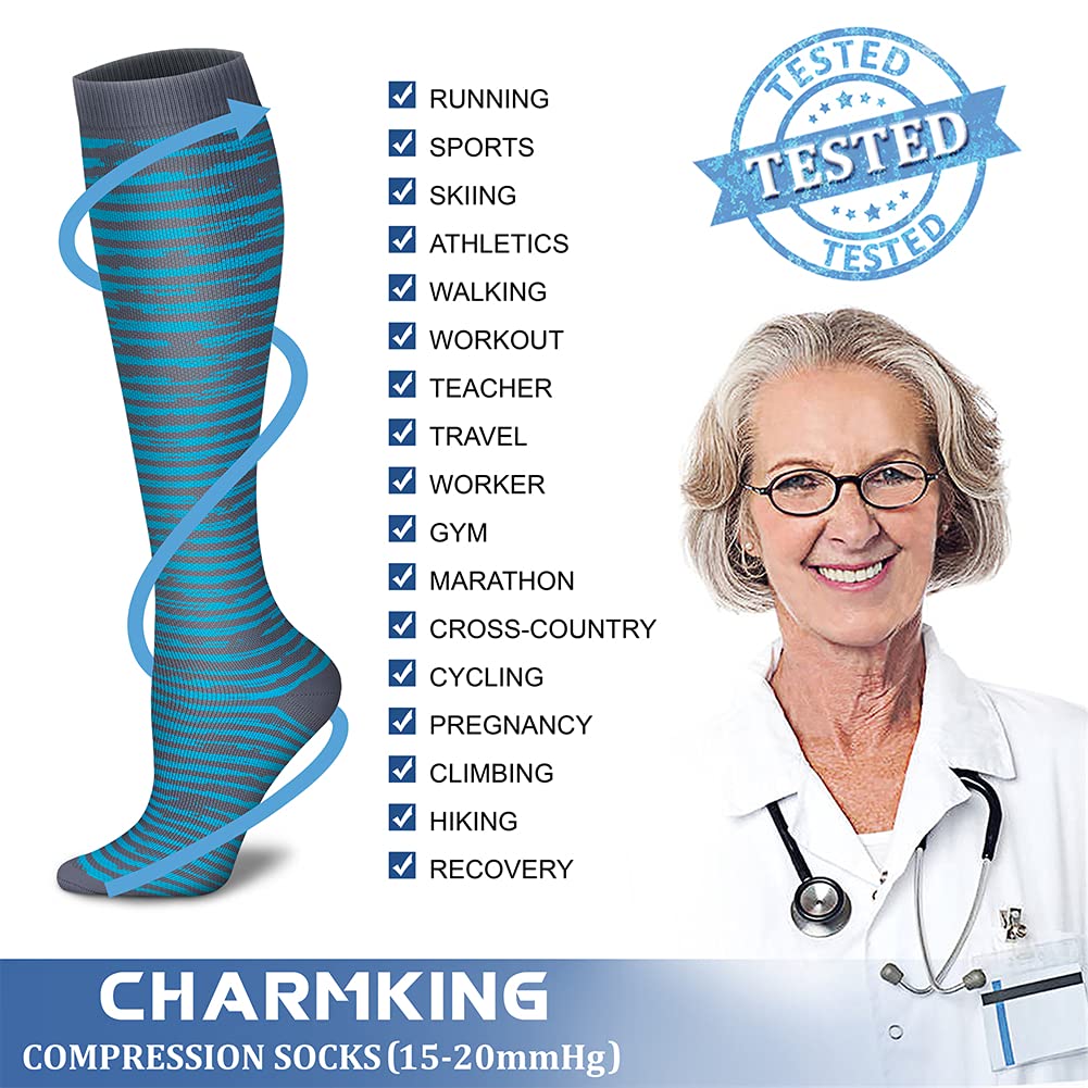 CHARMKING Compression Socks for Women & Men Circulation (3 Pairs) 15-20 mmHg is Best Athletic for Running, Flight Travel, Support, Cycling, Pregnant - Boost Performance, Durability (S/M, Multi 42)