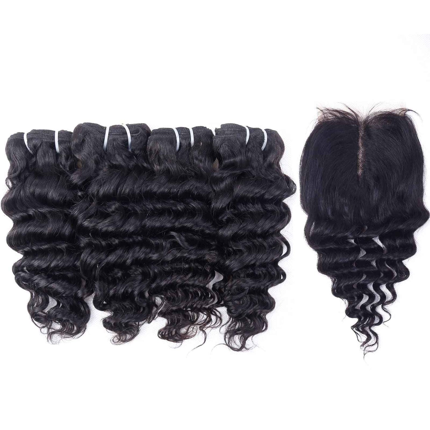 Deep Water Wave Bundles with Closure Brazilian Deep Short Bob Curly Human Hair 4 Bundles with 4x4x1 Middle Part Lace Closure Wet and Wavy 50g(10 10 10 10+10)