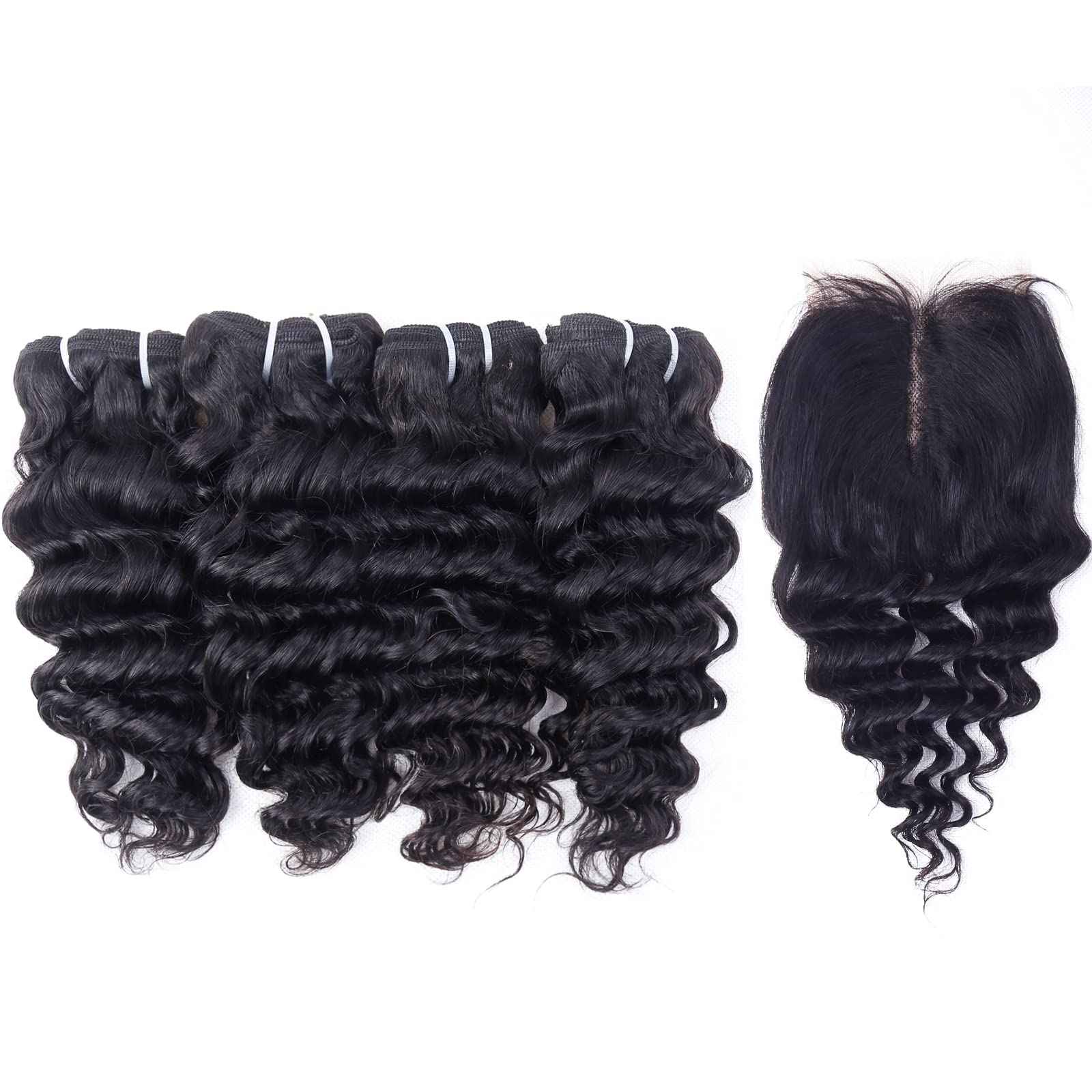 Deep Water Wave Bundles with Closure Brazilian Deep Short Bob Curly Human Hair 4 Bundles with 4x4x1 Middle Part Lace Closure Wet and Wavy 50g(10 10 10 10+10)