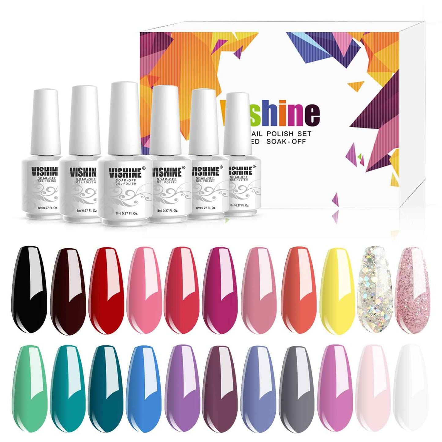 Vishine 24 PCS Soak Off UV Gel Nail Polish Plain Range - 22 Color Gel Polish & No Wipe Base and Top Coat Starter Set 02