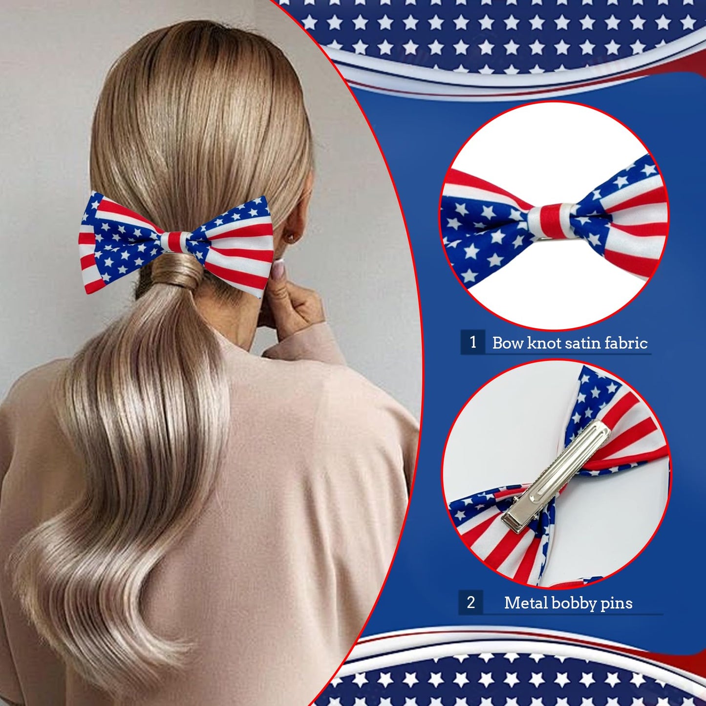 4th Of July Hair Clips Bow for Girls, 3.94'' x 2.17'' Patriotic Fable Bow Handmade American Flag Hair Clips Independence Day Hair Accessories for Little Girls Toddlers Kids