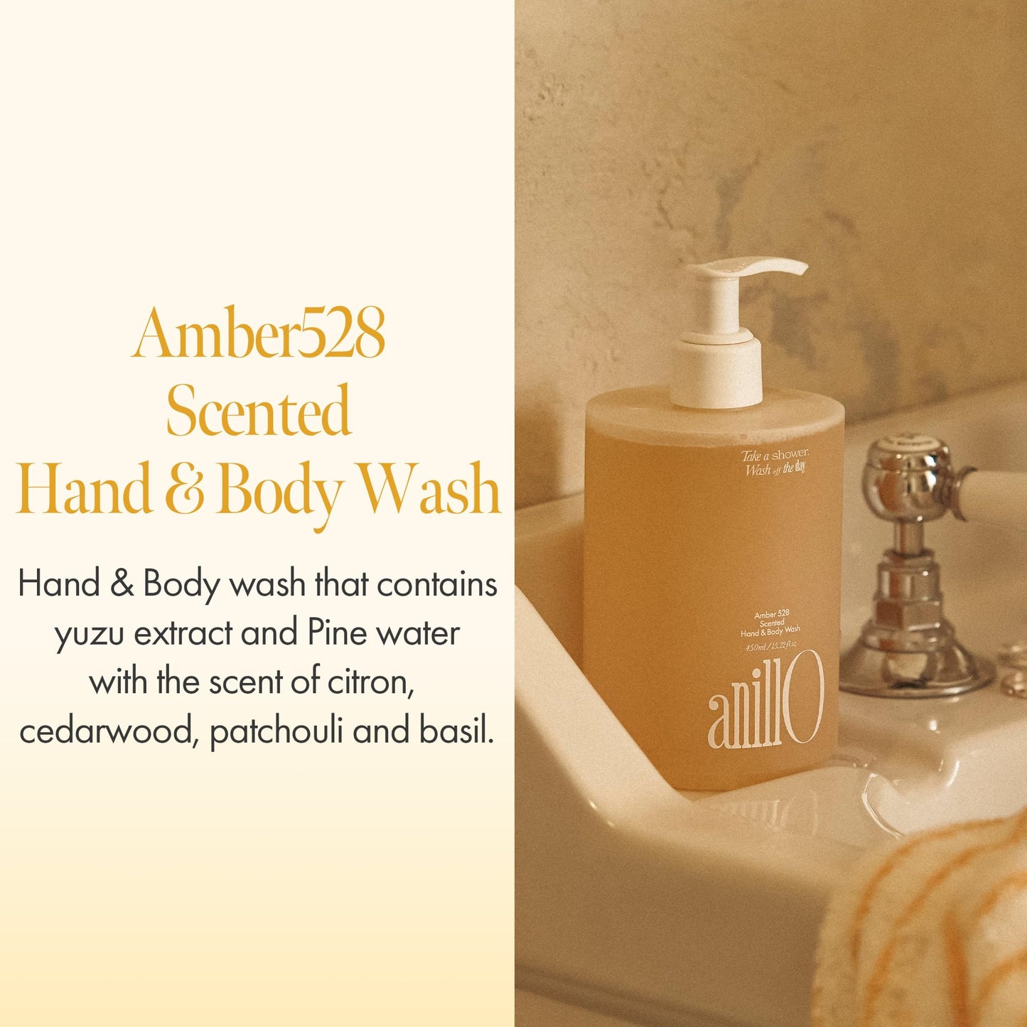 Amber528 Scented Hand & Body Wash, Vegan Body Cleanser with Hinoki Cypress Water, Yuzu Extract, Amino Acid for All Skin Types, pH Balancing, Amber Scent, Sulfate & Paraben Free (450ml / 15.22 fl. Oz)