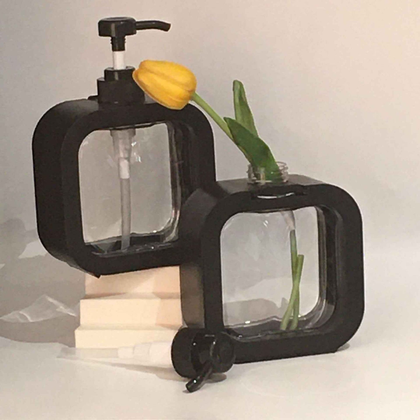 3pcs Hand Soap Dispenser Bathroom, Modern Dish Soap Dispenser for Kitchen Sink, 10oz Plastic Black Soap Dispenser with Pump and Labels