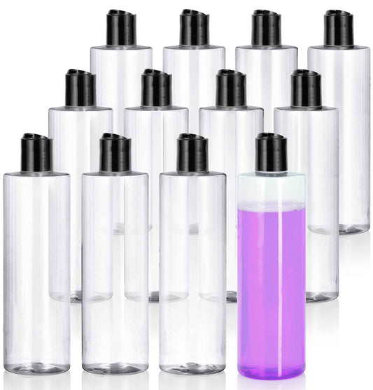 JUVITUS (12 pack) 16 oz Clear Cylinder PET Plastic Bottles with Disc Cap Lid