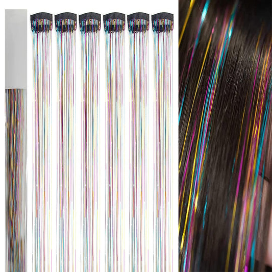 Red Clip in Hair Tinsel Extensions Kit Heat Resistant, 19 Inch Glitter Fairy Tinsel for Hair with 6 Packs Clips on , Sparkly Hair Tensile Extension Accessories for Women Girls Kids Decoration Women Girls (Clip-Rainbow)