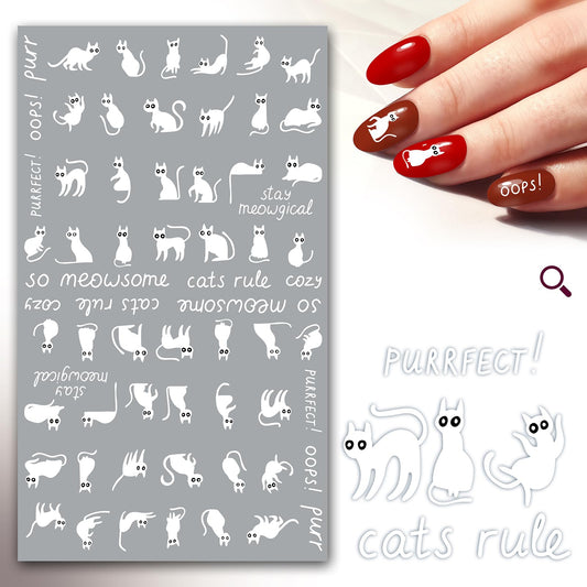 Nail Stickers Decals (5 Sheets) FLONZNAIL Big-Eyed White Cats Nail Decor Transfer Vintage Styled Stickers