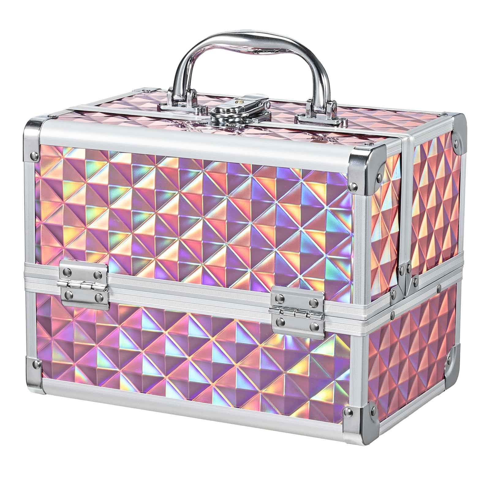 Faquenc Makeup Case with Lighted Mirror Travel Makeup Organizer Box 2 Trays Lockable Cosmetic Train Case with Movable LED Mirror for Girls Make Up Nail Kits Sewing Vanity Storage Case Shiny Pink