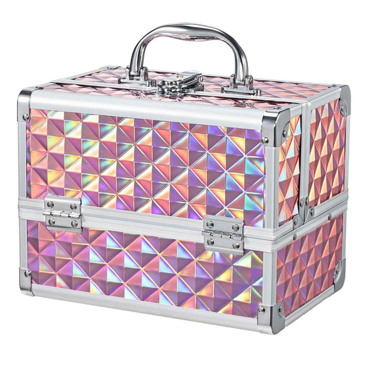 Faquenc Makeup Case with Lighted Mirror Travel Makeup Organizer Box 2 Trays Lockable Cosmetic Train Case with Movable LED Mirror for Girls Make Up Nail Kits Sewing Vanity Storage Case Shiny Pink