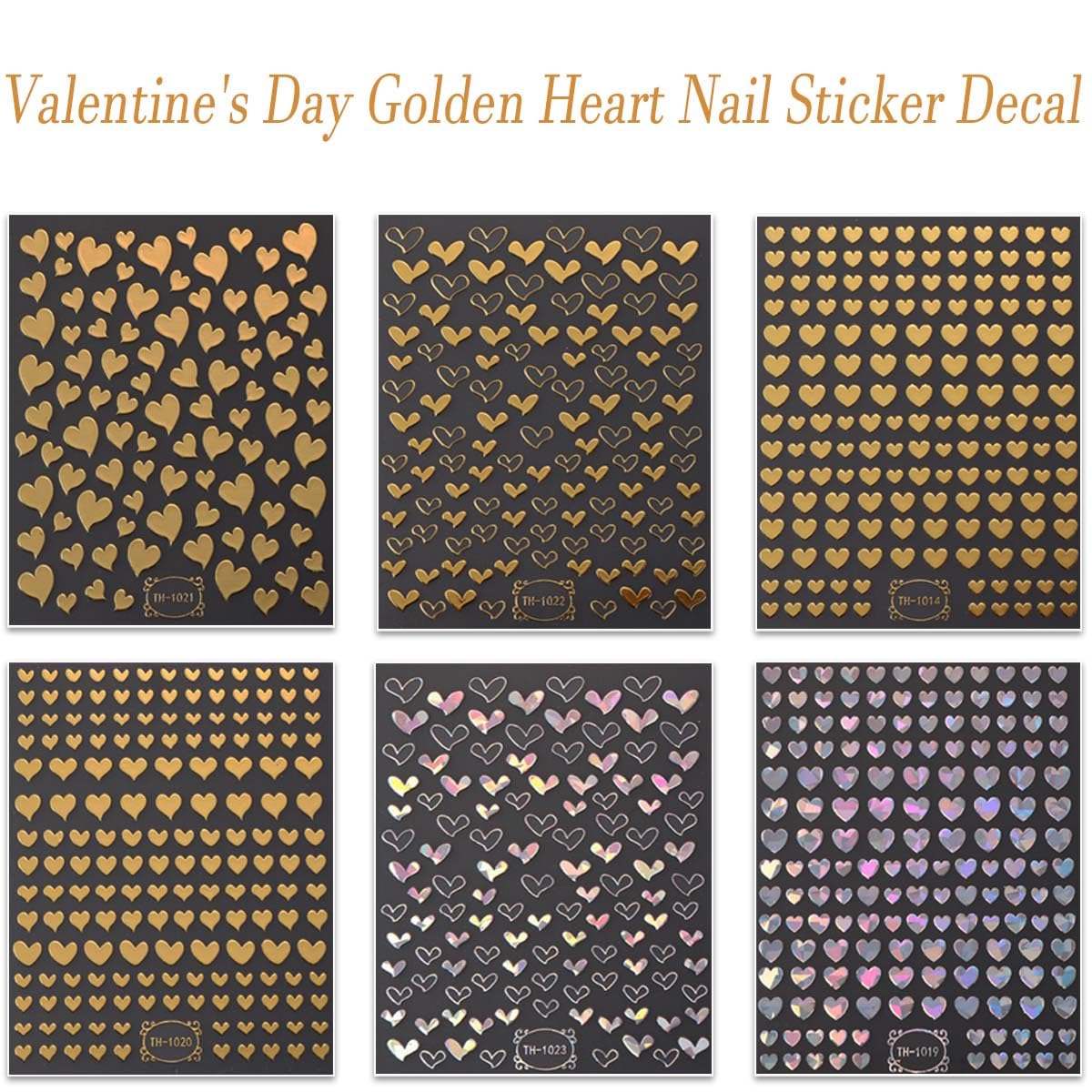 6 Sheets Valentine's Day Nail Art Stickers Heart Nail Stickers Self-Adhesive Metal Gold Silver Pink Bronzing Heart Charm Nail Stickers for Acrylic Nail Tips Design False Nail Supplies for Women