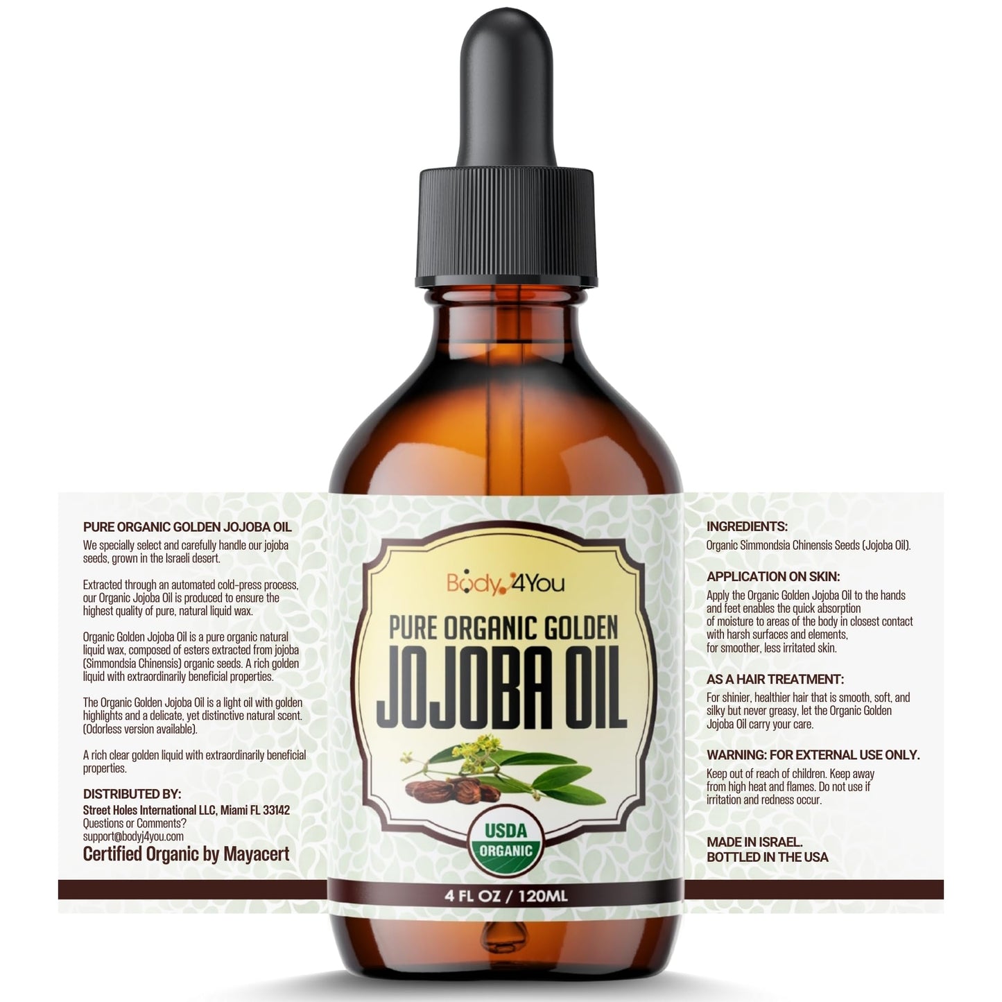 BodyJ4You Organic Jojoba Oil - Moisturise Hair Soothe Skin Protect Restore Healthy Glow - USDA 100% Pure Natural Unrefined Conditioner Wax - Unisex All Hair Types - Dropper Cap 4 Fl Oz