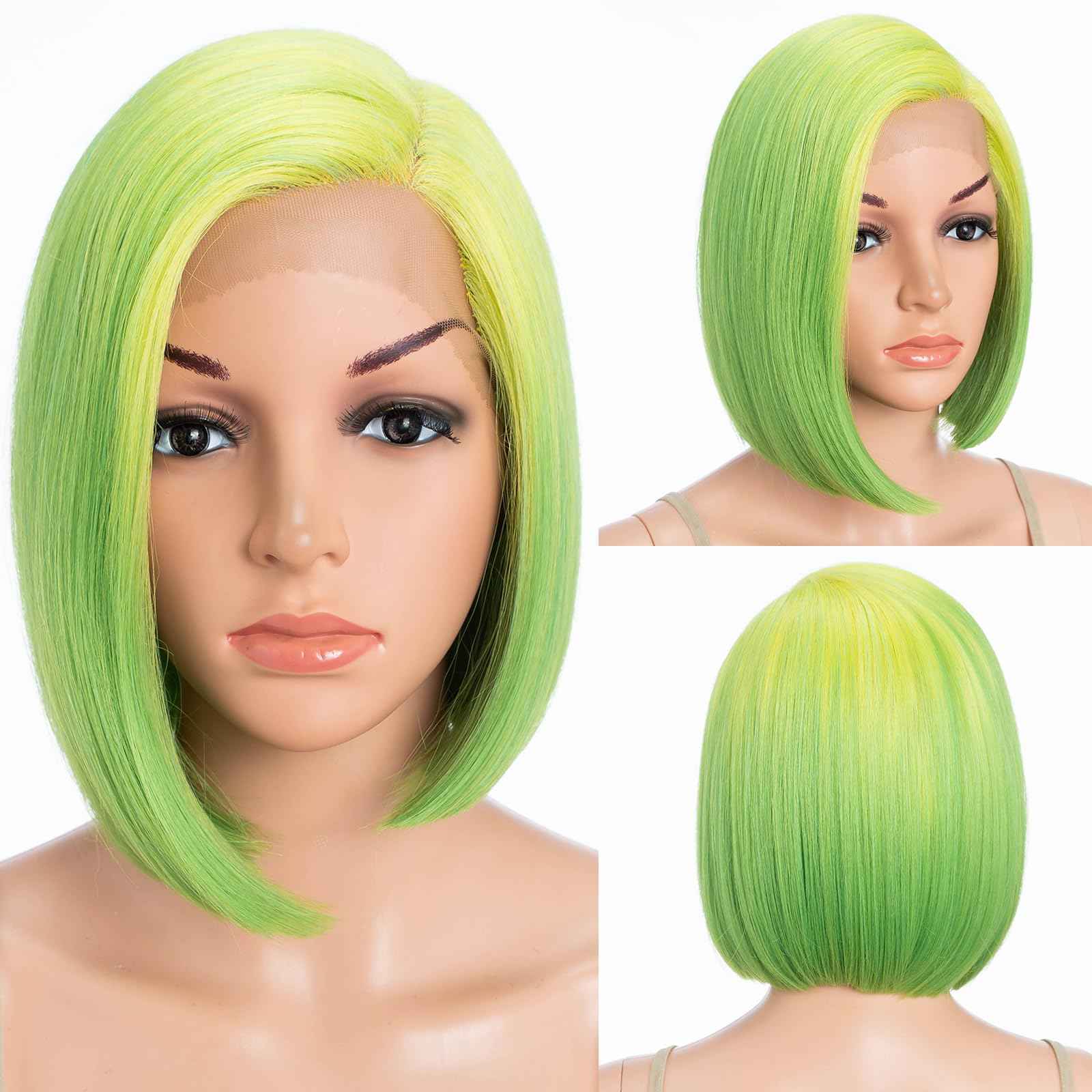 DÉBUT Lace Front Bob Wigs Ombre Neon Green Side Part Lace with Hand-Tied Lace Front Short Bob Synthetic Wig for Women Lemon Green Color