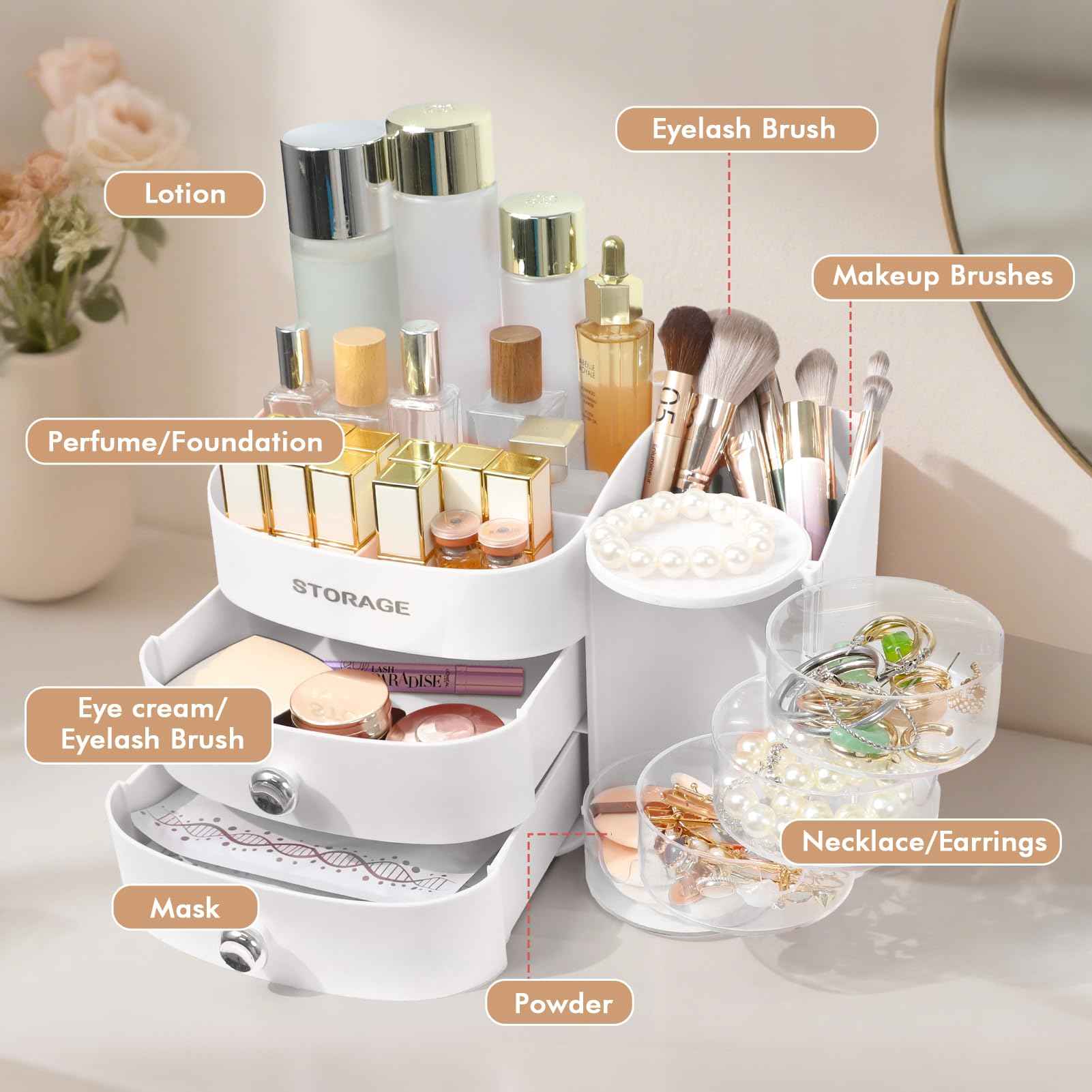 Makeup Organizer Countertop with Drawers, Make up Organizers for Vanity, Skincare Jewelry Earring Organizers, Cosmetic Display Cases Makeup Storage for Bedroom & Bathroom, Ideal Gifts for Women(White)
