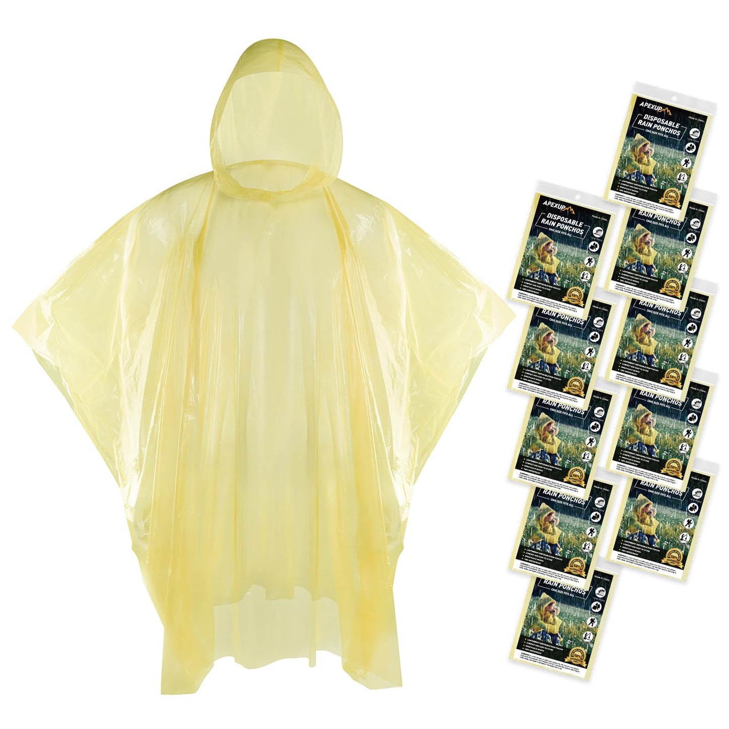 APEXUP Emergency Disposable Rain Ponchos for Adults for Camping Hiking Travelling,Yellow (10 Pack)