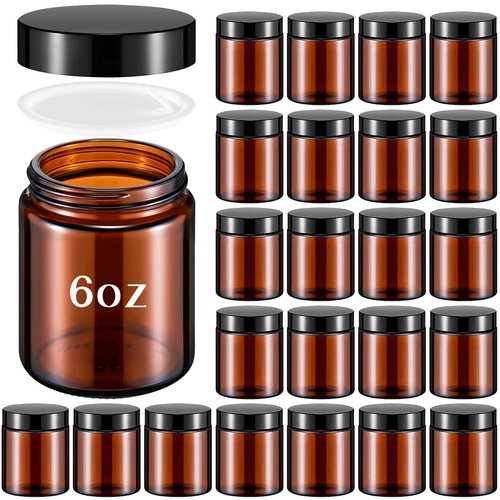 Domensi 24 Pcs 6oz Glass Jars with Lids Leakproof Round Airtight Empty Cosmetic Jars with Inner Liners Lid for Storing Lotions Spices Ointments Candle Making Food Storage (Amber)