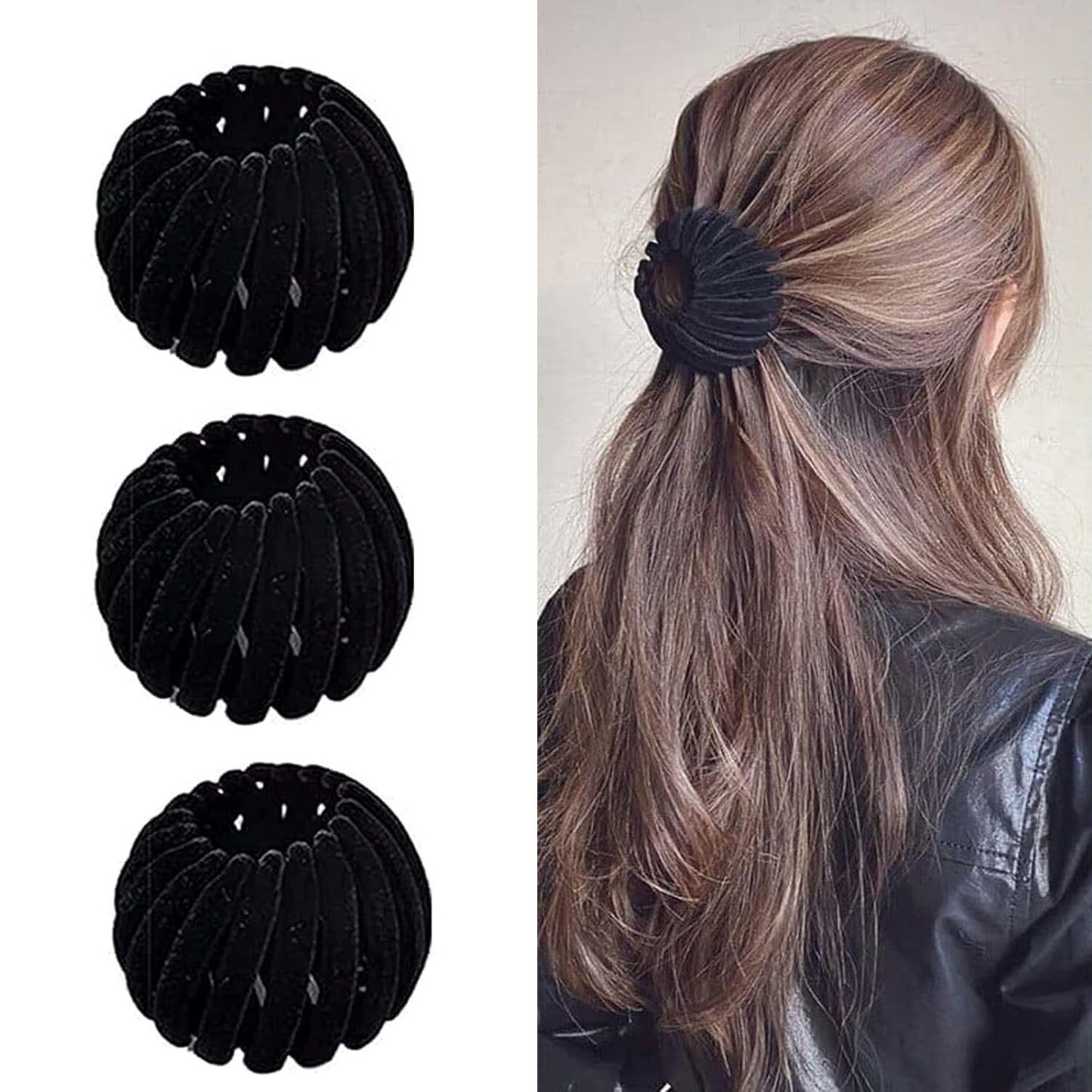 Sizobi 3 Pcs Black Hair Clips, Expandable Bird Nest Ponytail Holders, Hair Accessories For Women, Hair Bun Clip for Thin Thick Fine Curly Hair, Hair Barrettes Hair Scrunchies For Girls