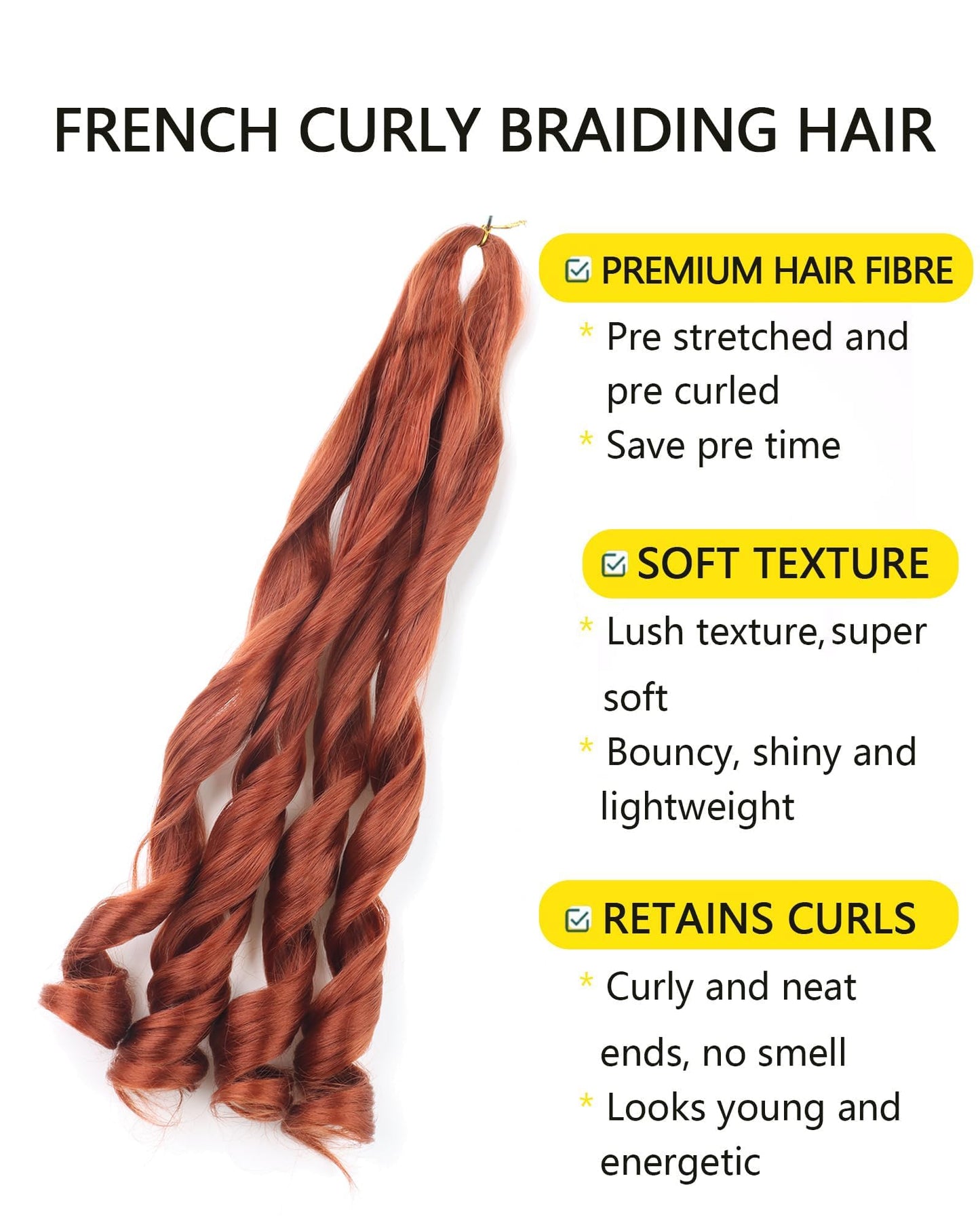 20 Inch French Curl Braiding Hair 2 Packs French Curls Braiding Hair Ginger Curly Braiding Hair for Box Braids with Curly Ends French Braid in Hair Extensions (20 Inch,350,2Pc)