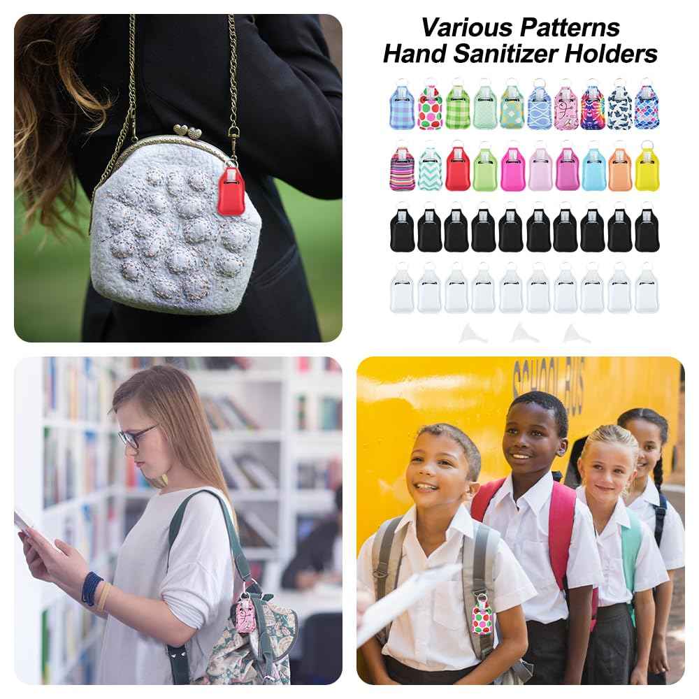 IBEQUEM 83Pcs Hand Sanitizer Holder Set, 40 Pcs Hand Sanitizer Holder Keychains & 40 Reusable Flip Cap Travel Bottles (30ml/1oz), 3 Funnels, For Travel, Vacation, Camping, Picnic, Party, Home, Office