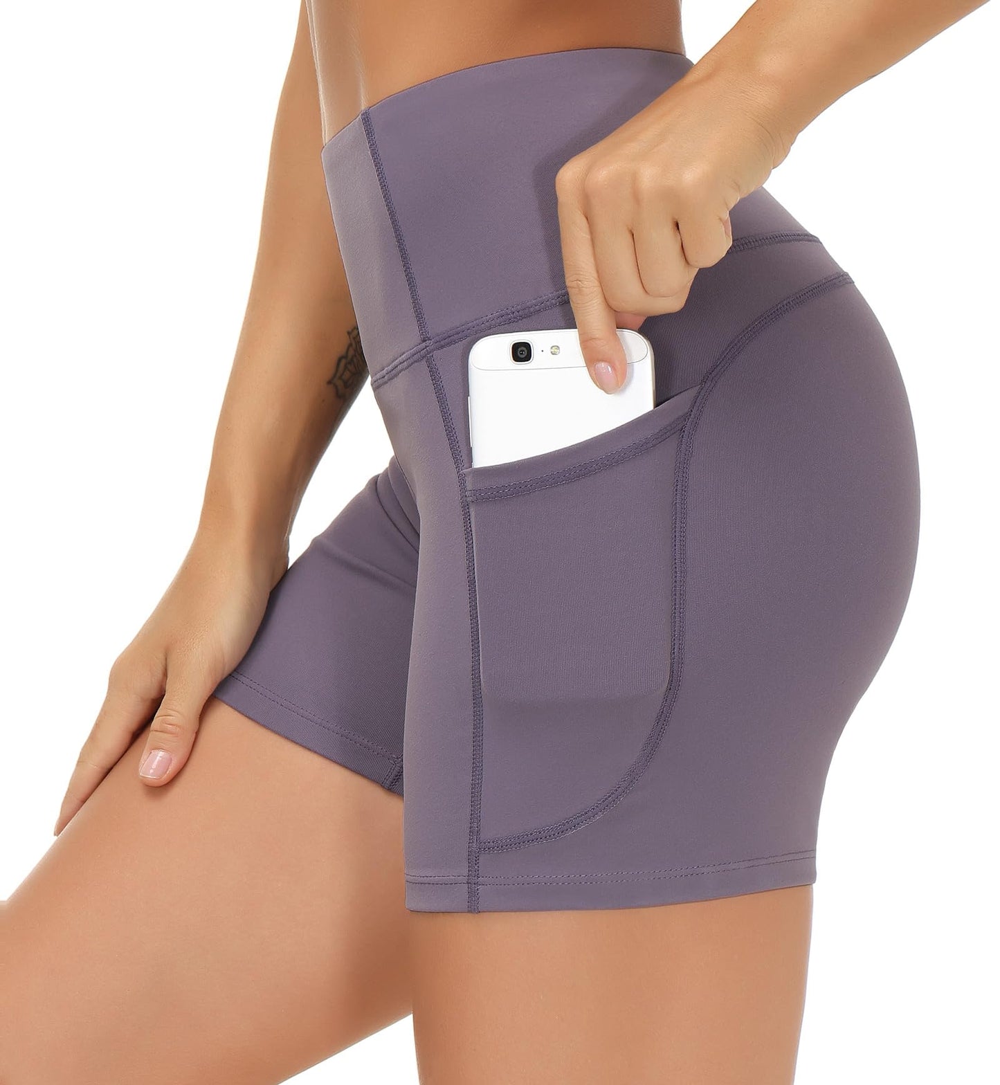 THE GYM PEOPLE High Waist Yoga Shorts for Women's Tummy Control Fitness Athletic Workout Running Shorts with Deep Pockets Grey Purple