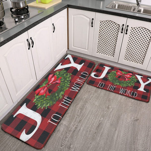 XUMING Christmas Kitchen Rugs [2 PCS] Joy to World Christmas Charm Buffalo Plaid Winter Comfort Door Mat Anti-Fatigue Carpet Anti-Slip Carpet Washable Mat for Home(17.7''x 29.5''+17.7''x 59''), A-14