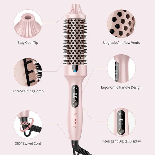 AISEELY Thermal Brush Curling Iron, 1.5 Inch Ceramic Heated Round Brush, Curly and Straight Hair, 6 Temperature Settings, Negative Ion Less Damage, Dual Voltage Hair Tools, Pink