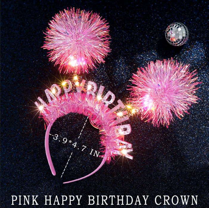 Pink LED Happy Birthday Crown Headband for Women - Glowing Pom Pom Hair Accessory