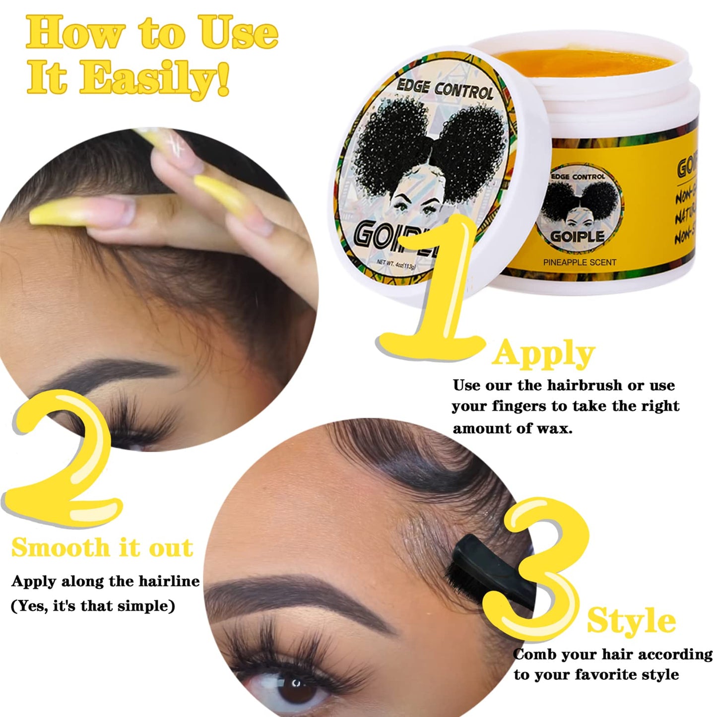 Goiple Edge Control Wax for Women Strong Hold Non-greasy Edge Smoother Pineapple Scent (4oz+0.7oz+Edge Brushes*2+ Edge Scarf)