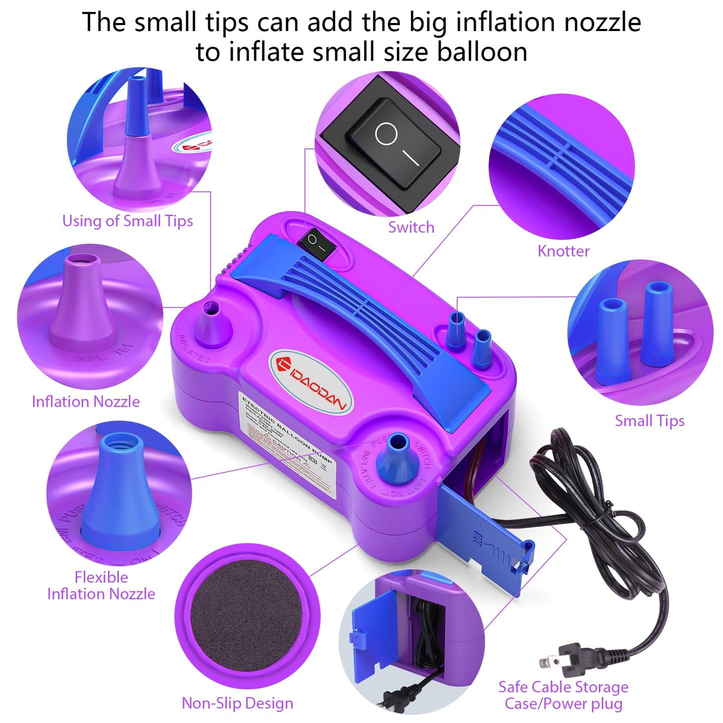 IDAODAN Electric Air Balloon Pump, Portable Dual Nozzle Electric Balloon Inflator/Blower for Party Decoration - 110V 600W (Purple)