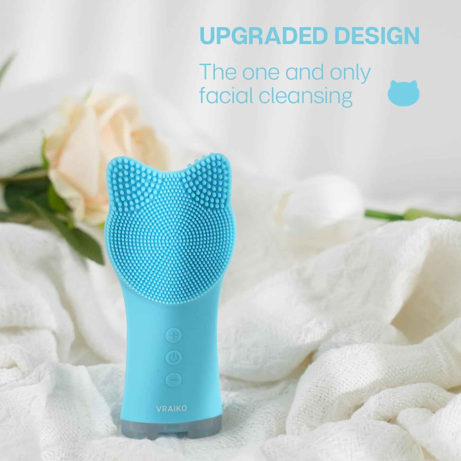 VRAIKO MIA Facial Cleansing Brush, Waterproof Rechargeable Face Cleansing Brush, with Soft Silicone and Adjustable Sonic Vibration, for Deep Cleansing Gentle Exfoliating and Massaging (Blue)