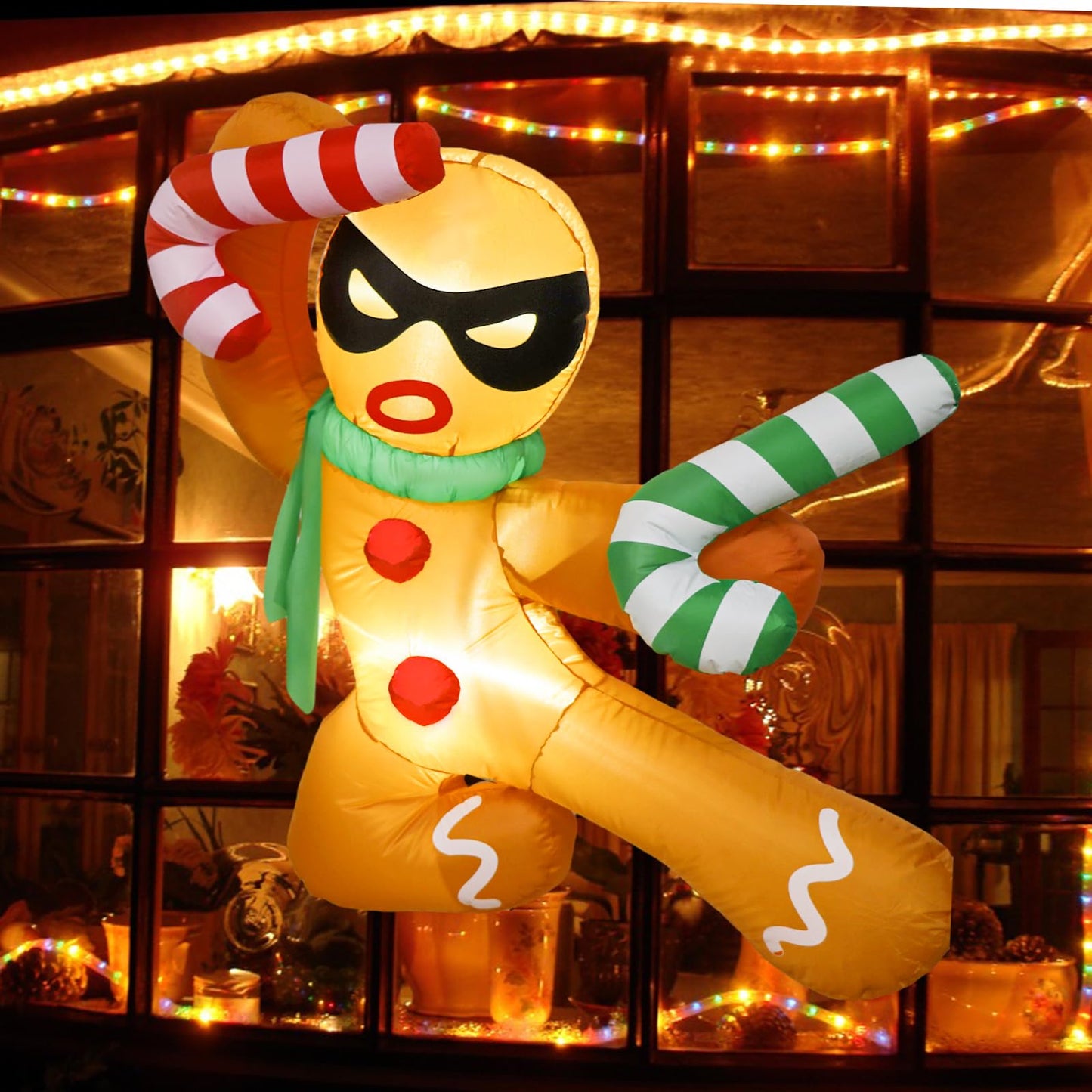 OurWarm 3.5 Ft Christmas Inflatables Outdoor Decorations Kungfu Gingerbread Man with Candy Cane Broke Out from Window Built-in LED Lights Xmas Blow up Decor for Outside Indoor Yard Garden Home