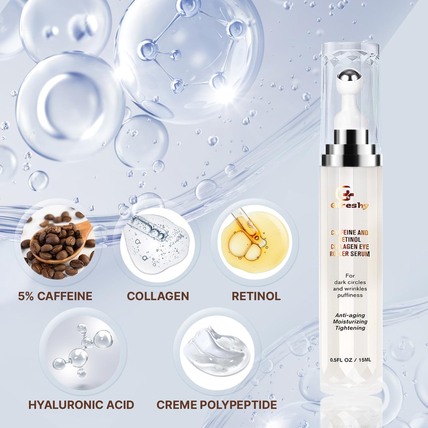 Eye Serum Caffeine for Dark Circles: Retinol eye roller serum - eye cream anti aging bags dark circle and puffiness - Under Eye Bags Treatment